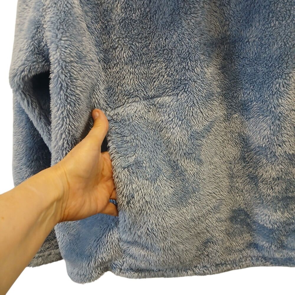 Fuzzy Periwinkle Blue Teddy Fleece Cowl Neck Pullover Peach Patch Pocket Medium - Picture 3 of 9